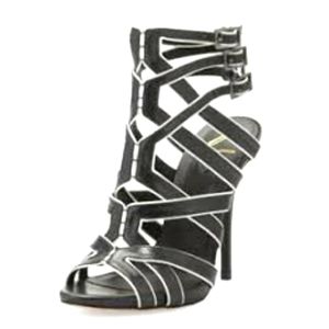 Brian Atwood Carbinia Triple Buckle Cage Sandals Heels Black White Sz 7.5 - 24cm